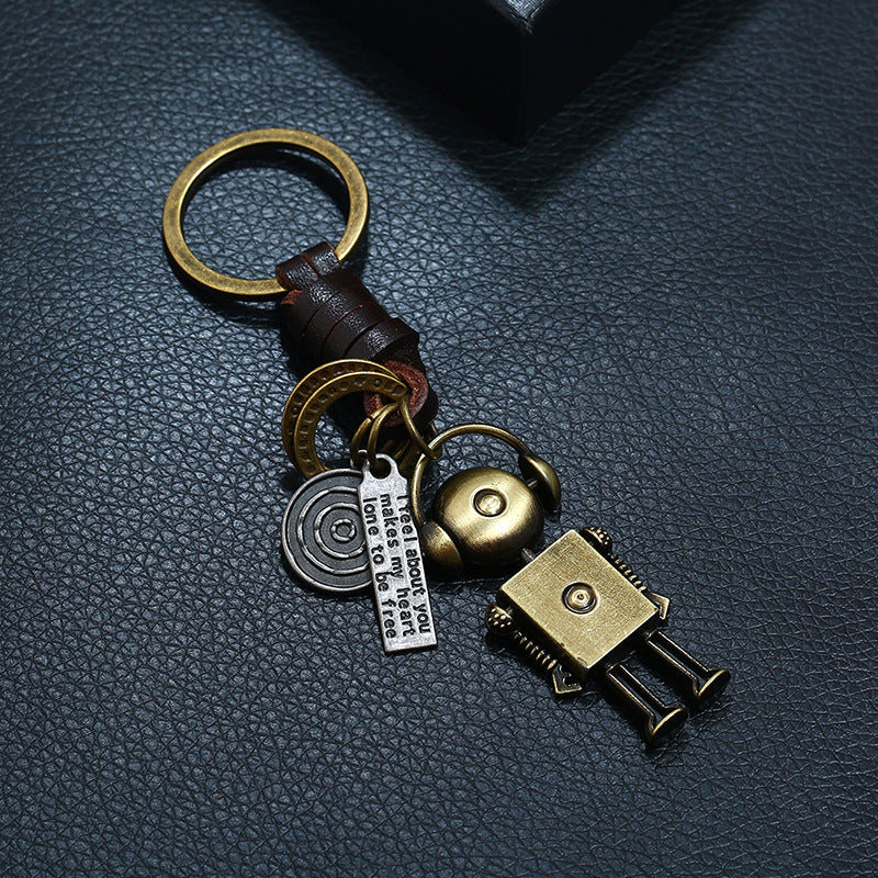 Wholesale Handwoven Genuine Leather Robot Alloy Keychain